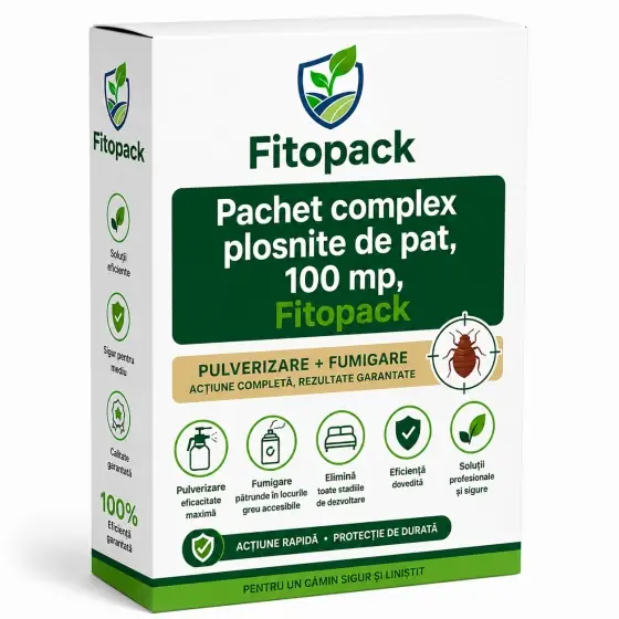 Pachet complex plosnite de pat, 100 mp, Fitopack, pulverizare si fumigare, Super Killer 25 EC, 100 ml + Microsin, 100 ml + K-Othrine WG250, 20 g + 2 x Cyperfum, 20 g Ofertă specială