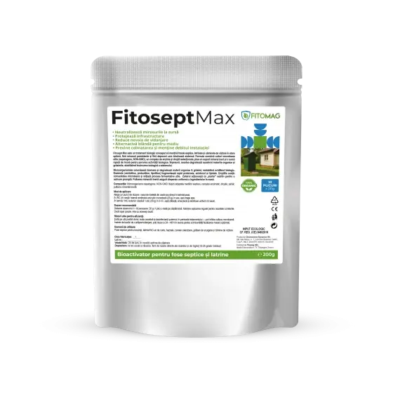 Ofertă de sezon Tratament biologic pentru fose septice, latrine, haznale, canale colectoare, gratare de scurgere si camine de vizitare, Fitosept Max, 200 g