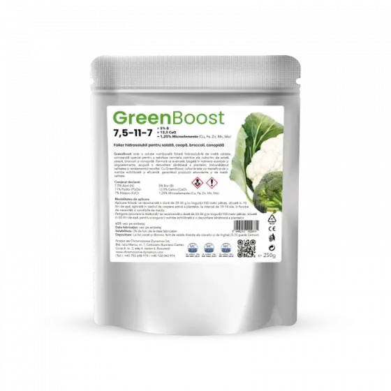 Ingrasamant foliar hidrosolubil pentru salata, ceapa, broccoli, conopida, GreenBoost, 7,5-11-7 +5%Bor+12,5%CaO + 1,25% Microelemente (Cu, Fe, Zn, Mn, Mo), 250 g Super ofertă