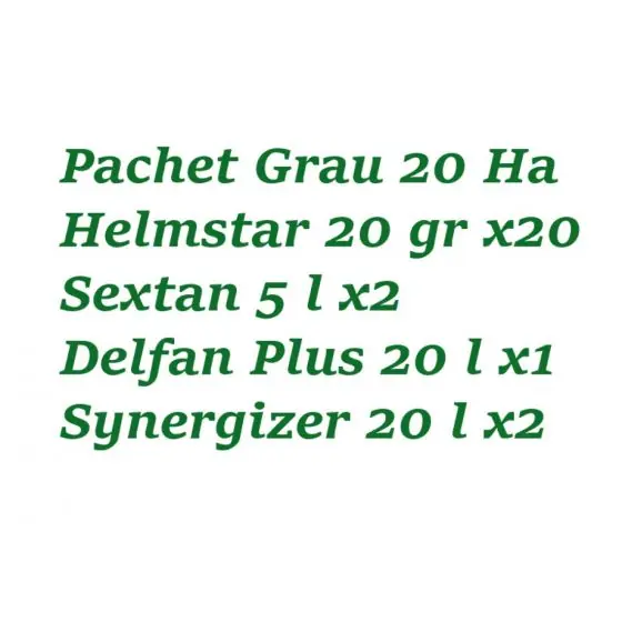Cel mai vândut Pachet Grau 20 Ha (Helmstar 20 gr x20 + Sextan 5 l x2 + Delfan Plus 20 l x1 + Synergizer 20 l x2)