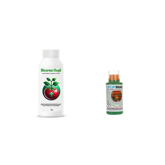 Cel mai vândut Pachet tratament si nutritie tomate/rosii, Stimulator de legare si rodire, Biocresc Rosii, 1 l + Fertilizant foliar natural, universal Cropmax, 250 ml
