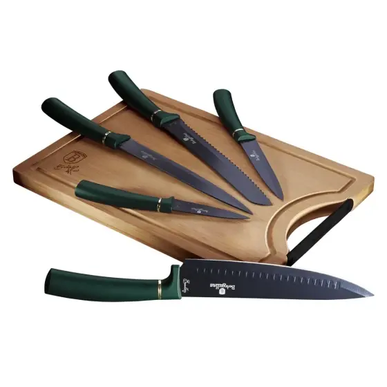 Set cuțite 6 piese cu tocător din bambus, emerald - BH/2551A Ieftin