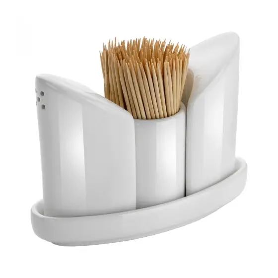Set condimente din portelan, Hendi, 4 piese: recipiente sare, piper, scobitori, farfurie suport Lichidare de stoc