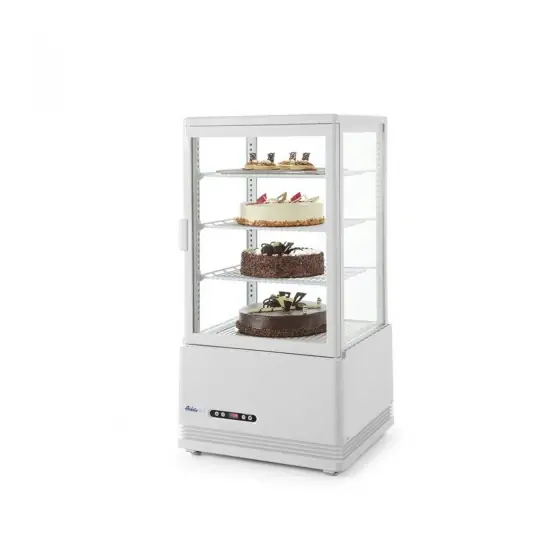 Comandă acum Vitrina rece pt prezentare, alba, 68 lt, interval temp 0-12 gr C, 170 W, 3 rafturi reglabile pe inaltime, ARKTIC by Hendi, 452x406x(H)891 mm, Clasa energetica C
