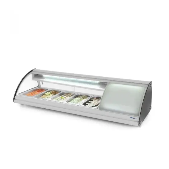 Vitrina sushi, 63 lt, pt 5 tavi GN1/3, interval temp 0-12 gr C, 160 W, geamuri glisante, corp inox, ARKTIC by Hendi, 1307x450x(H)330 mm Bestseller
