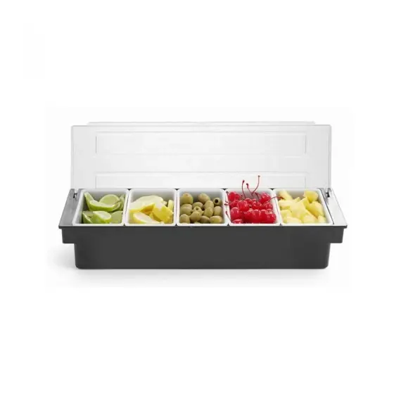 Cumpărături sigure Cutie ingrediente bar / pizza, 5 compartimente, cu capac, 495x160x(H)100 mm, Hendi, plastic ABS