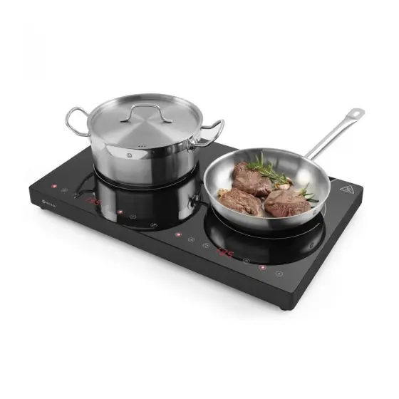 Ieftin Plita electrica cu inductie, 2 zone de gatit Black Line Hendi, 3500 W, interval temperatura 35-­240°C, timer, protectie supraincalzire, 608x370x(H)61mm