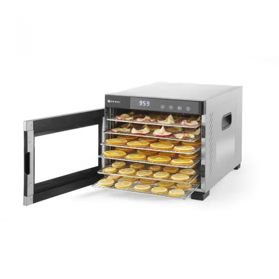Deshidrator alimente Hendi Profi Line, 550 W, 6 tavi inox, interior si exterior inox, temperatura reglabila 35-75 C, Gri, timer, panou de control digital Nu rata