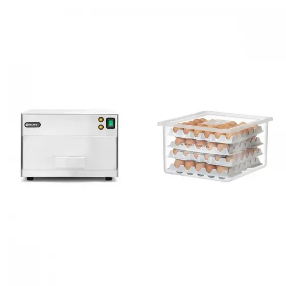 Pachet Sterilizator profesional cu UV, Hendi, 78 W, ideal pt oua, capacitate 30 oua, timp sterilizare 150 sec, corp inox plus OVOBOX 120 HENDI - recipient oua GN2/3 + 8 tavi pentru oua, 18L, 355x325x(H)200mm Chilipir