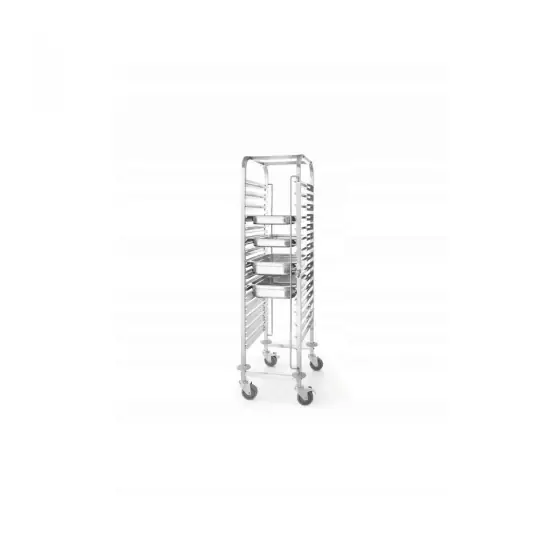 Carucior transport profesional pentru tavi servire Inox REVOLUTION Hendi capacitate 15 containere GN 1/1 sau 30 GN 1/2 containere sau 45 GN 1/3 containere Retur ușor