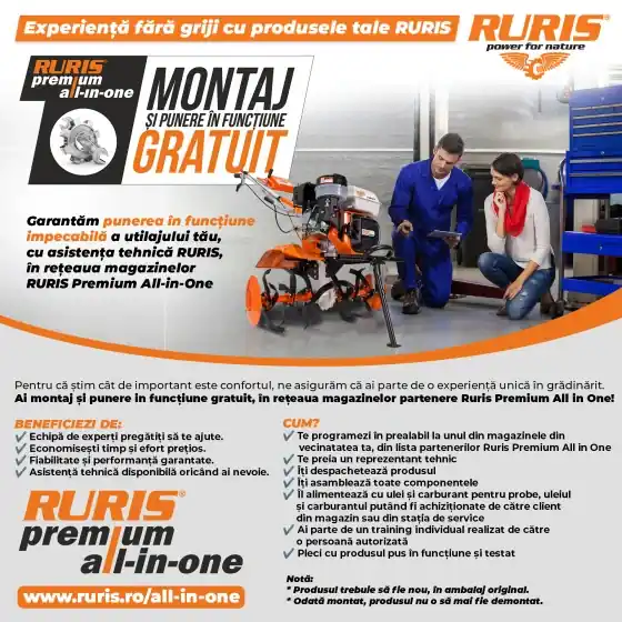 Cumpără acum Motosapa DAC 7000ACC4, Roti cauciuc 4.00-8, Rarita, Plug, Adaptor, Dispozitiv scos cartofi, Roti metalice 400 fara manicot, Cultivator, Remorca Ruris 450S